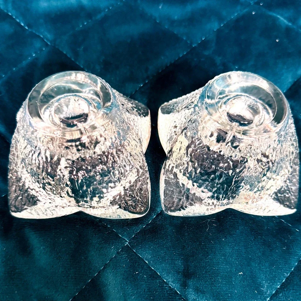 Vintage Ice Glass Candle Holders Pair Textured Clear MCM‎ Tealight Votive Cups